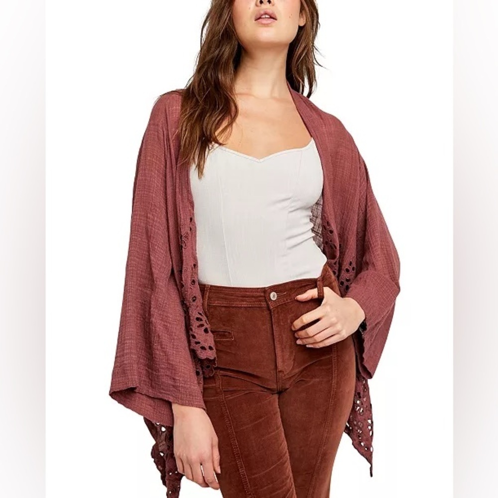 Free People - Amaira Eyelet Floral Trim Open Front Lightweight Boho Cardigan M/L